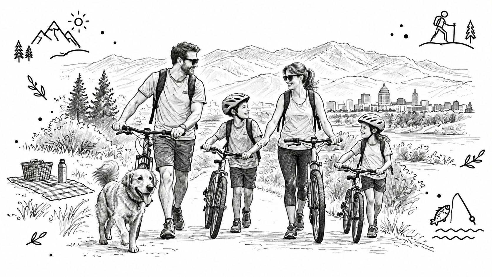 A sketched illustration of a happy family walking their bikes outdoors with a dog and city skyline.