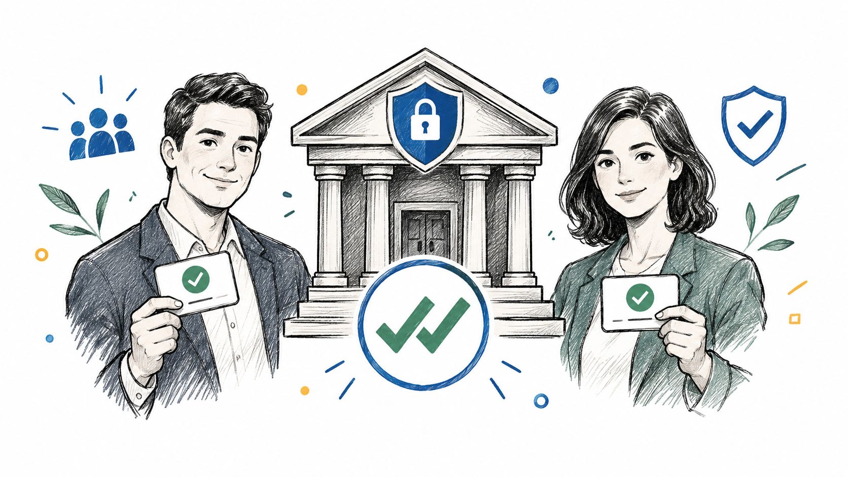A professional man and woman holding identification cards with checkmarks in front of a bank building illustration.