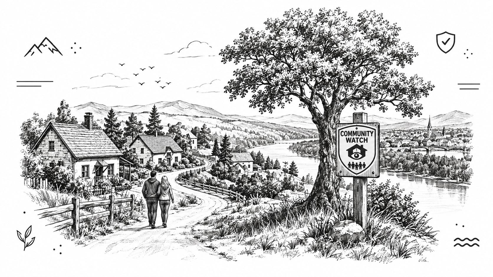 A black and white line drawing of a peaceful neighborhood with a couple walking down a road.