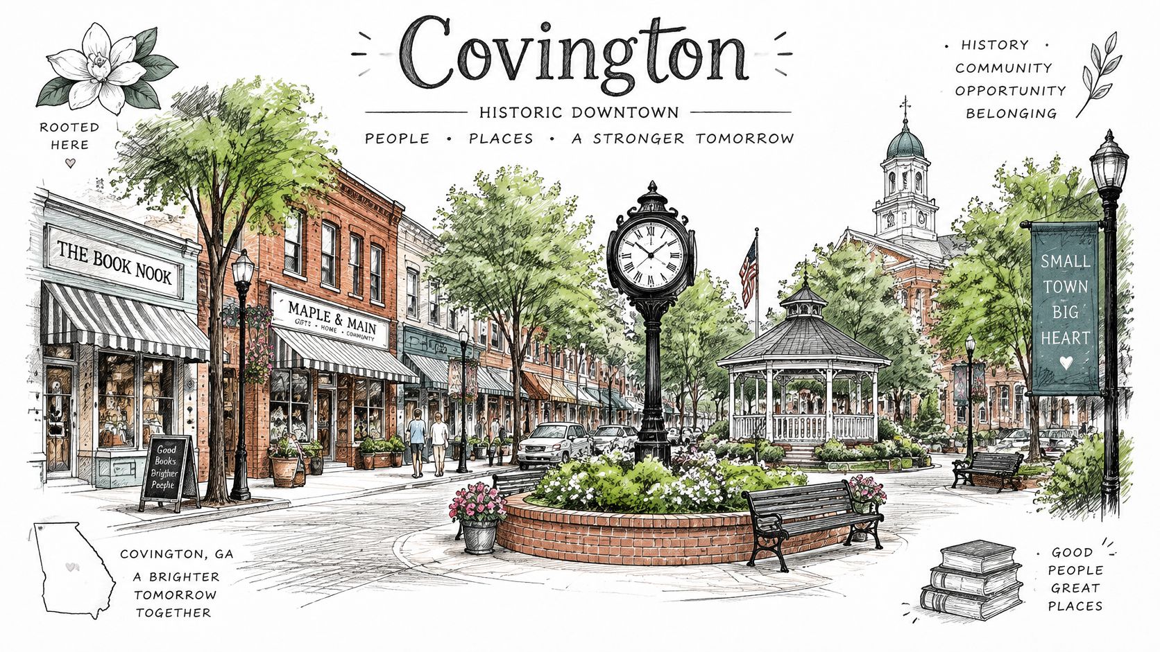 An artistic watercolor illustration of the historic downtown square in Covington, Georgia, featuring a clock tower.