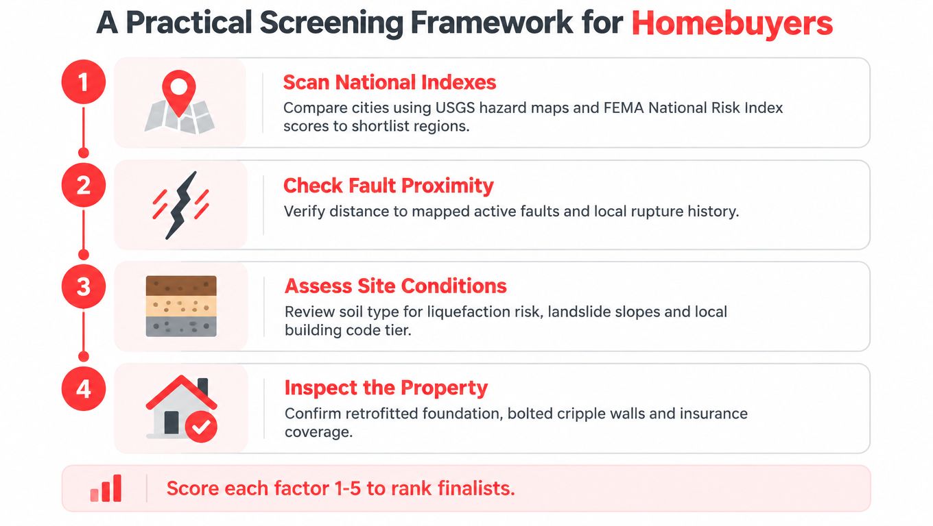 A four-step infographic providing a practical screening framework for homebuyers to assess earthquake disaster risks.