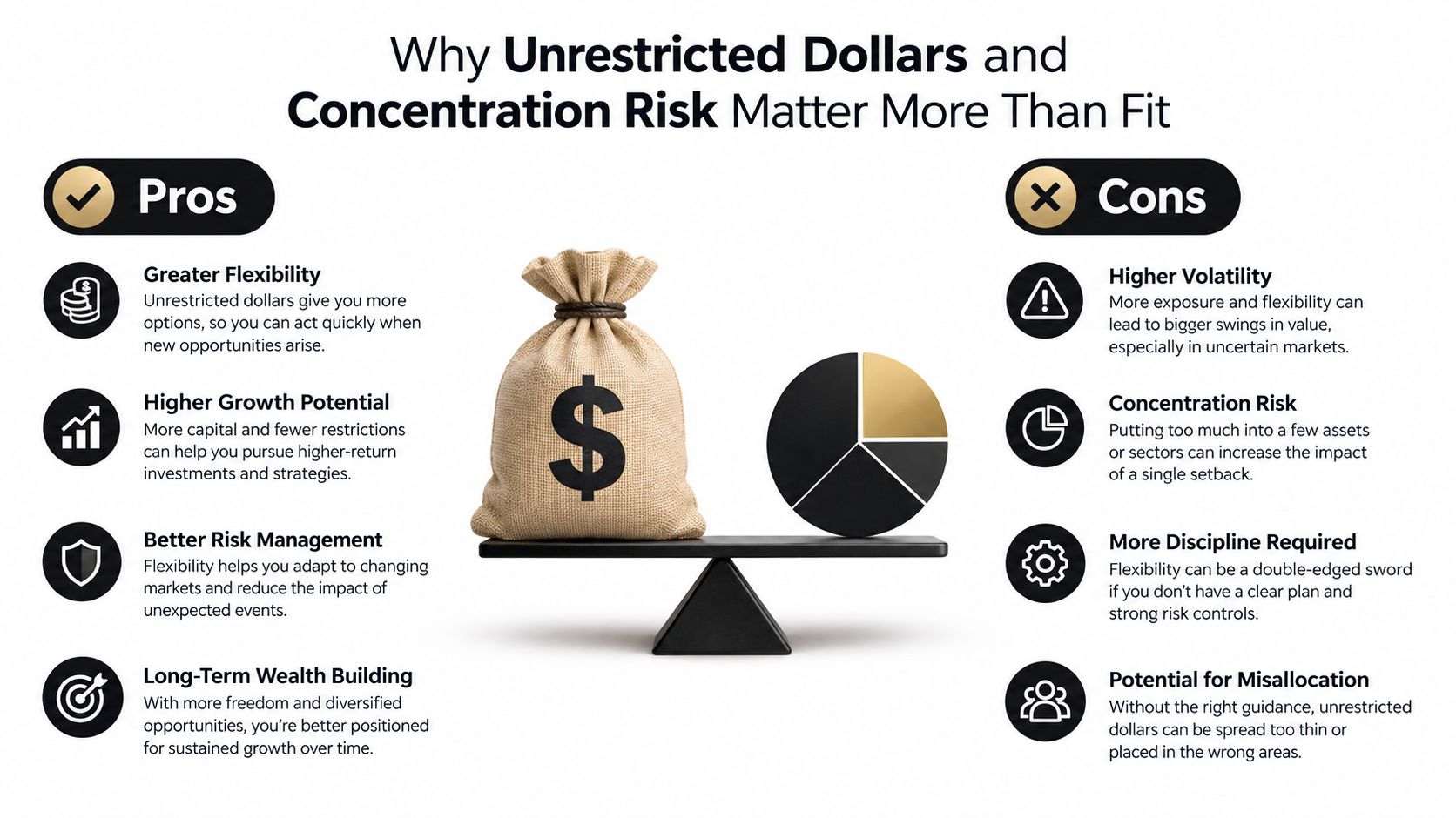 A diagram comparing the pros and cons of using unrestricted dollars and managing concentration risk in finance.