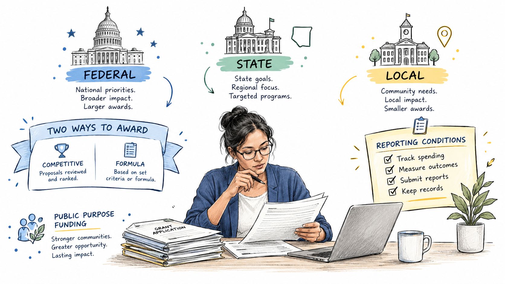 A woman reviewing grant application documents, illustrating federal, state, and local government funding sources and processes.