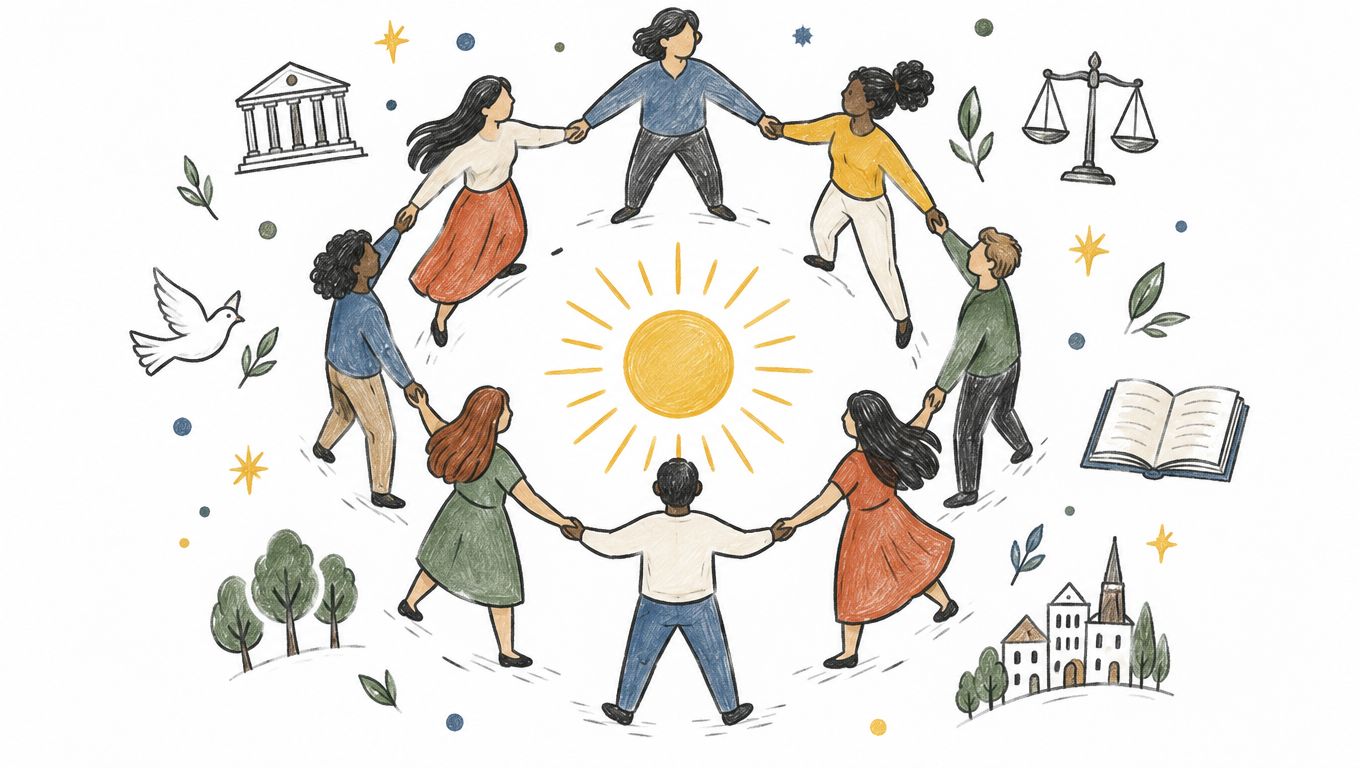 A diverse group of people holding hands in a circle around a glowing yellow sun illustration.