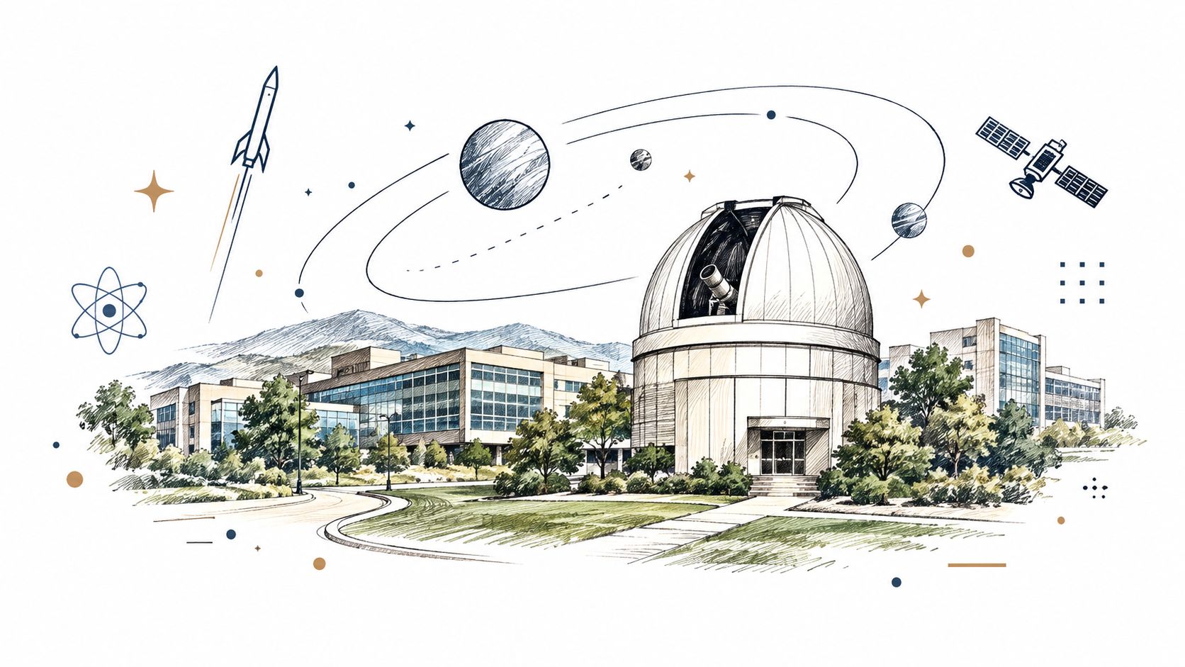 A detailed architectural illustration of an observatory building surrounded by planetary models, rockets, and scientific imagery.