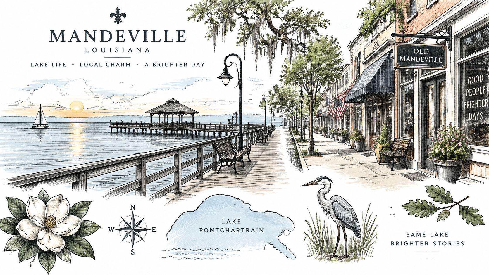 An illustrated depiction of the Mandeville, Louisiana lakefront featuring a pier, boardwalk, and local nature elements.