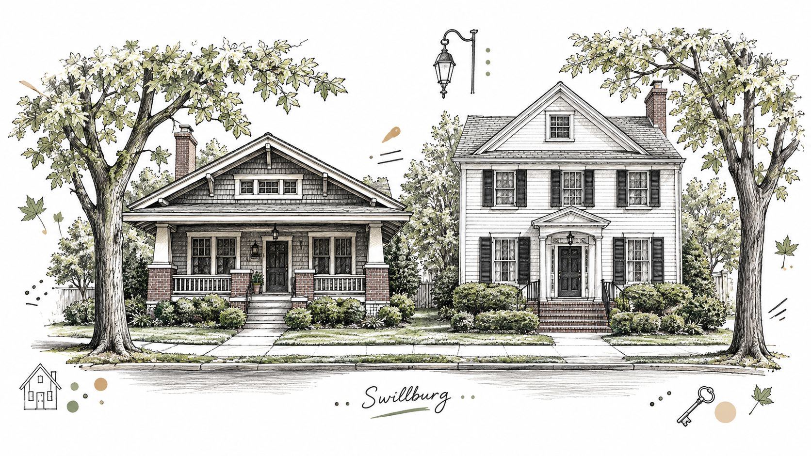 A detailed architectural drawing featuring two traditional suburban houses surrounded by lush trees on a street.