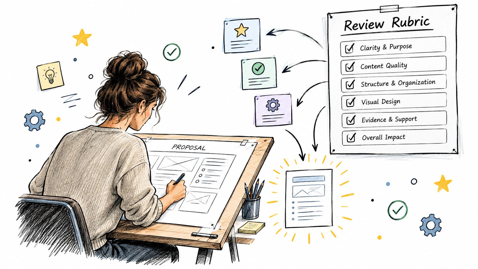 A woman sketching a proposal at a desk with a review rubric chart for guidance.
