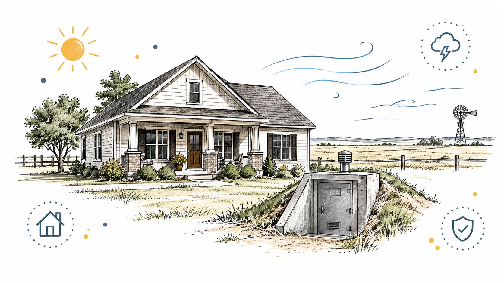 A rustic house with a storm cellar and a windmill in a rural, sunny landscape setting.
