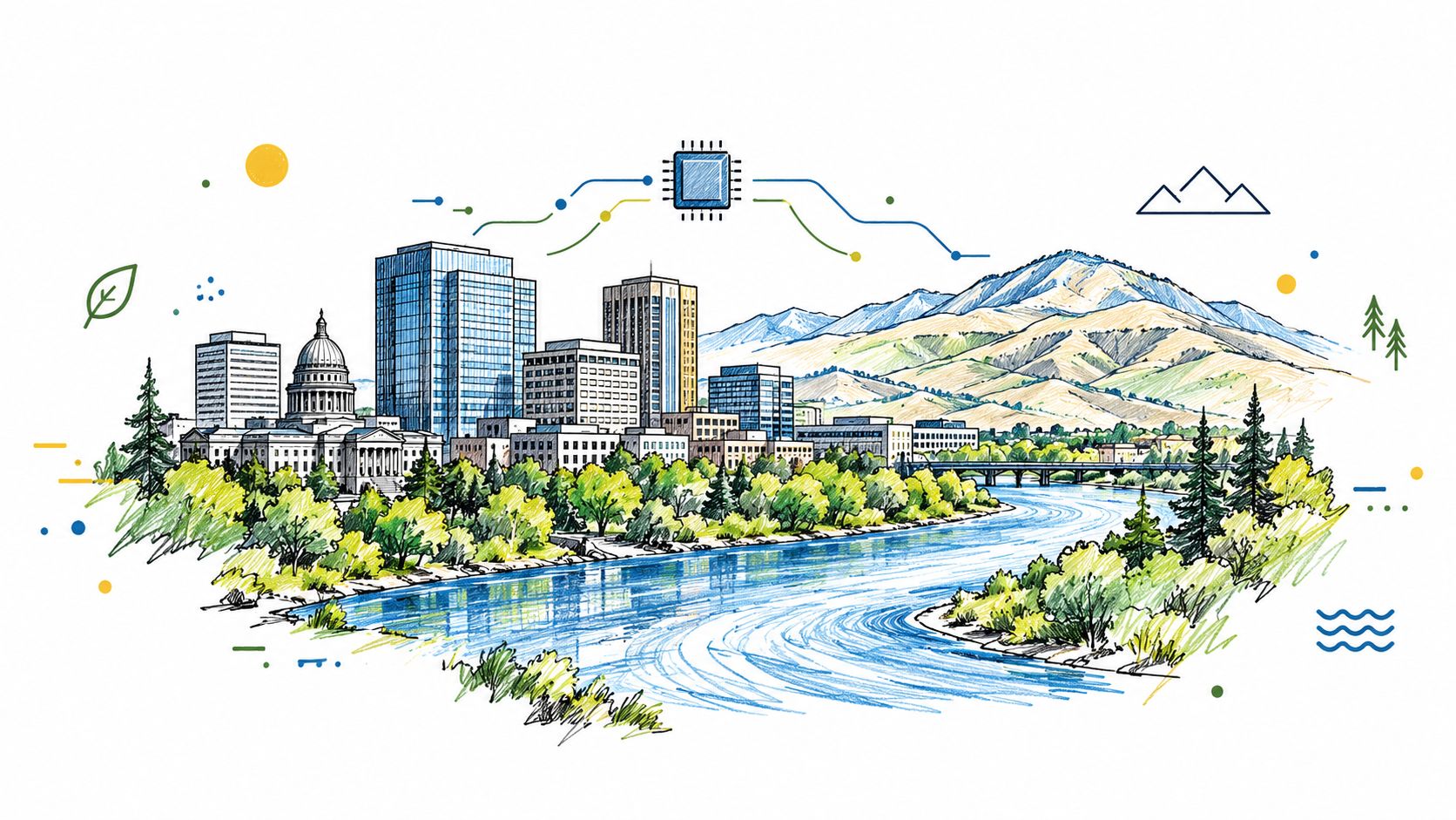 A stylized artistic illustration featuring a modern city skyline, river, and mountain backdrop with digital chip elements.