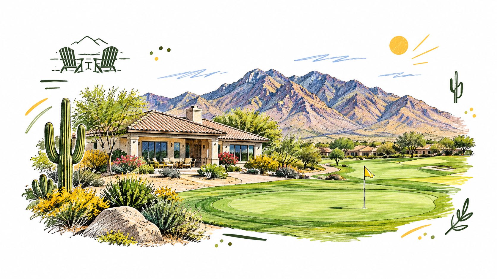 A scenic watercolor illustration of a luxurious golf course home located near mountains in Tucson, Arizona.