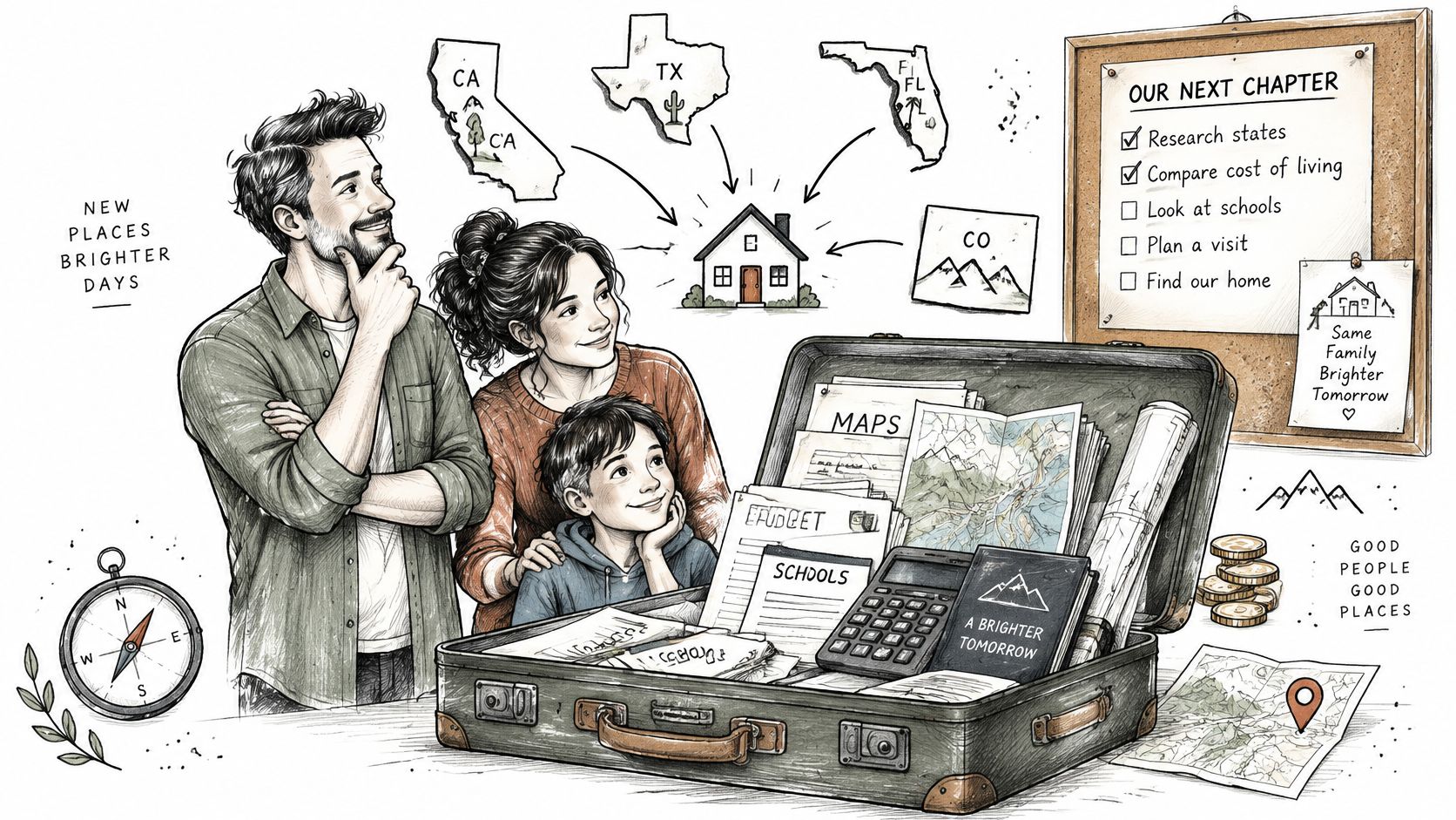 A family planning a relocation together by researching states, comparing budgets, and using maps to find homes.