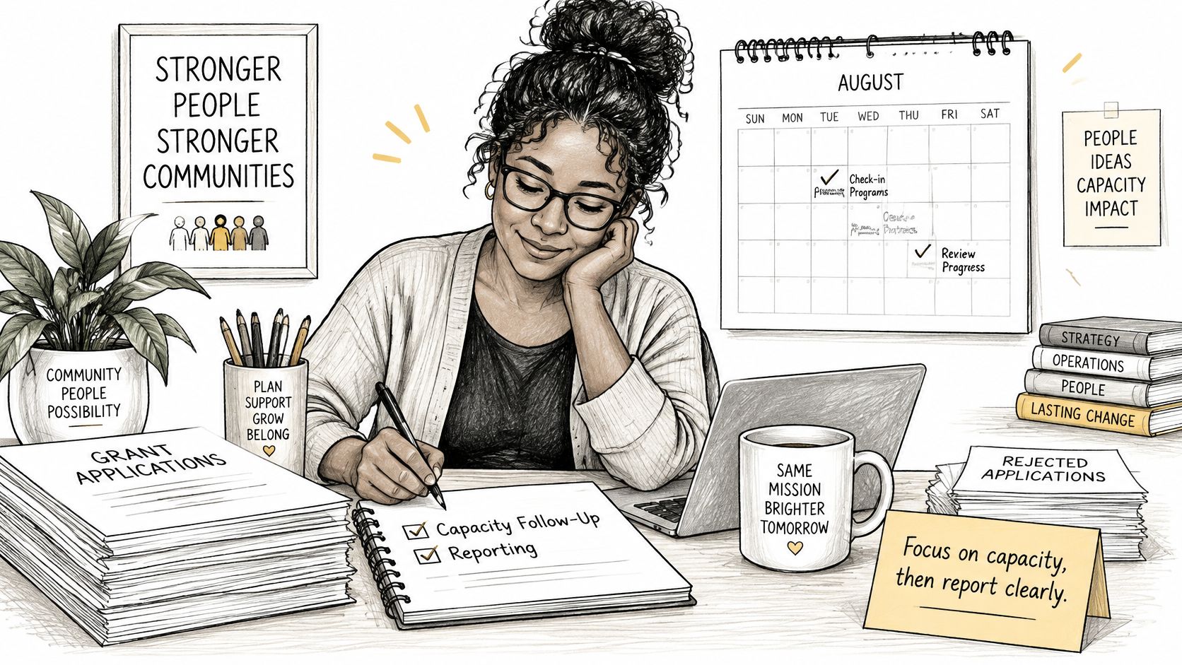 A woman working at a desk surrounded by grant applications, calendar, and motivational notes about community development.