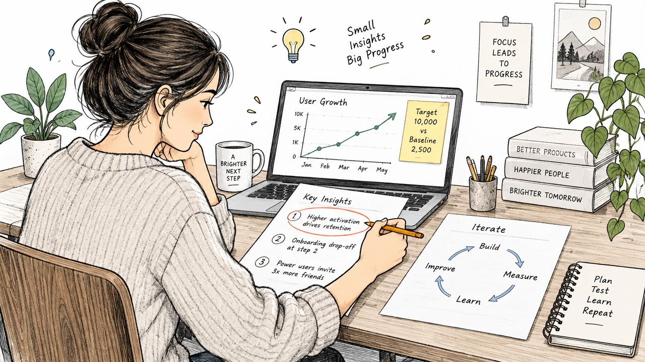 A woman working at a desk with a laptop displaying growth charts, notes, and iterative process diagrams.