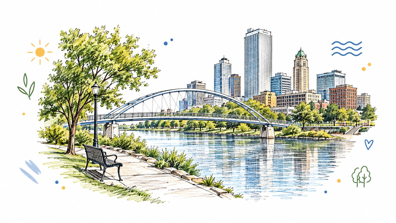 A scenic watercolor illustration of a bridge over a river with a city skyline in the background.