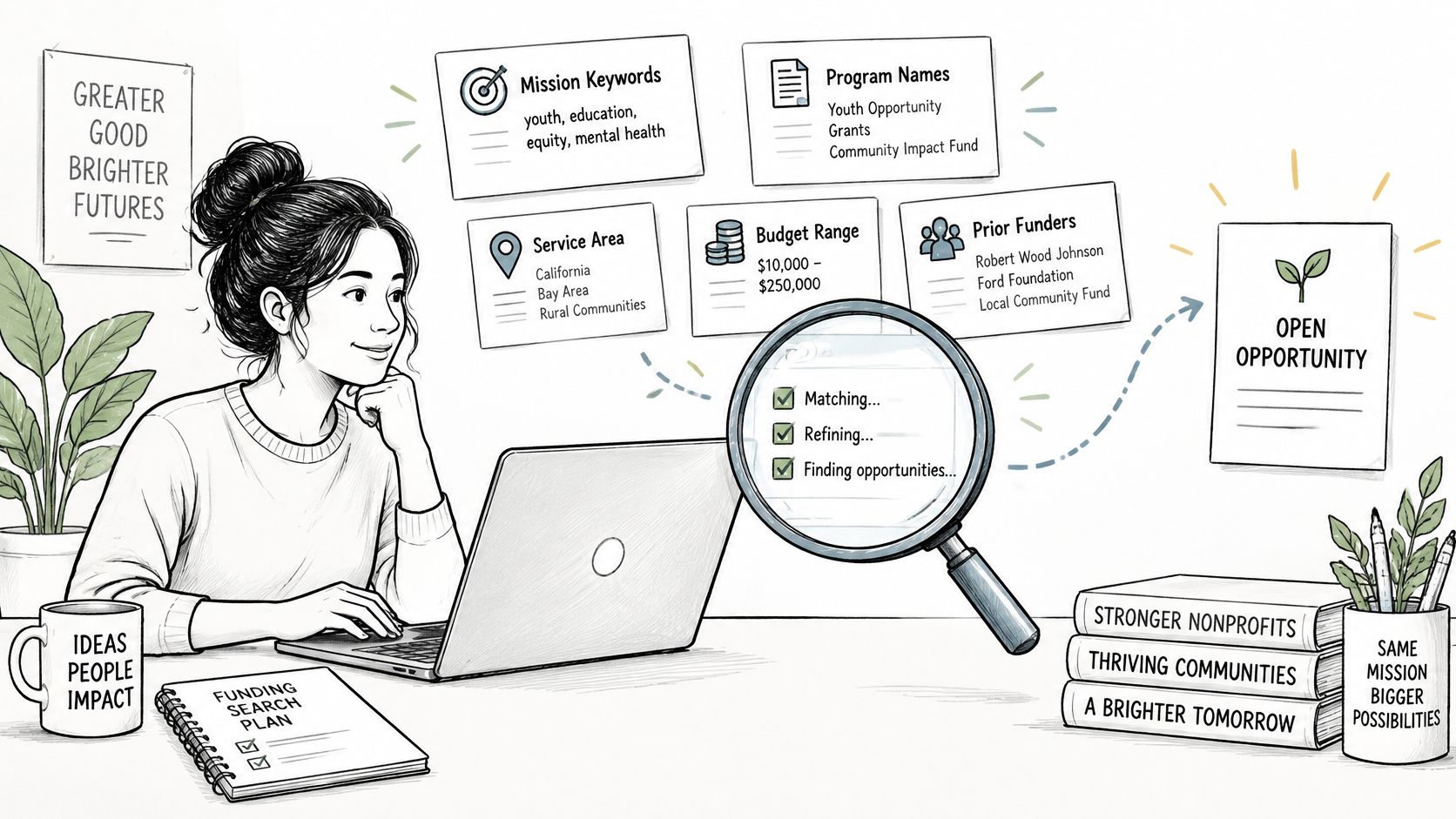 A woman using a laptop to research and find grant funding opportunities for non-profit organizations.
