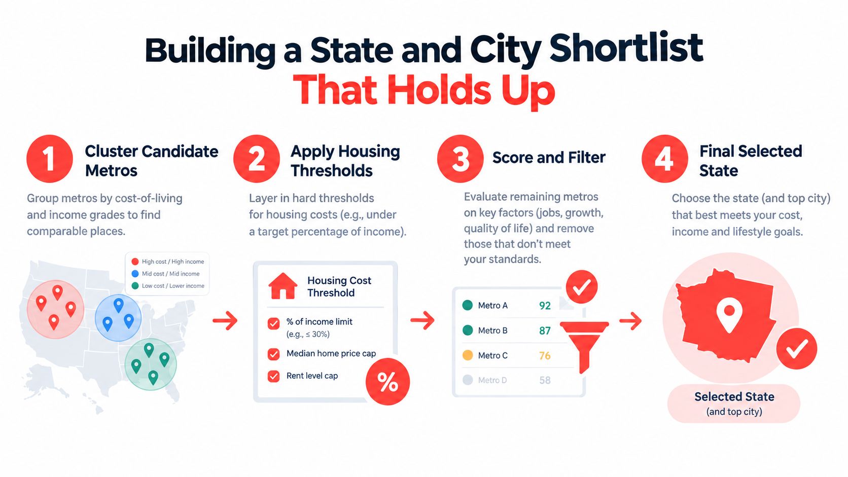 A four-step infographic illustrating a process for selecting a US state and city based on economic factors.