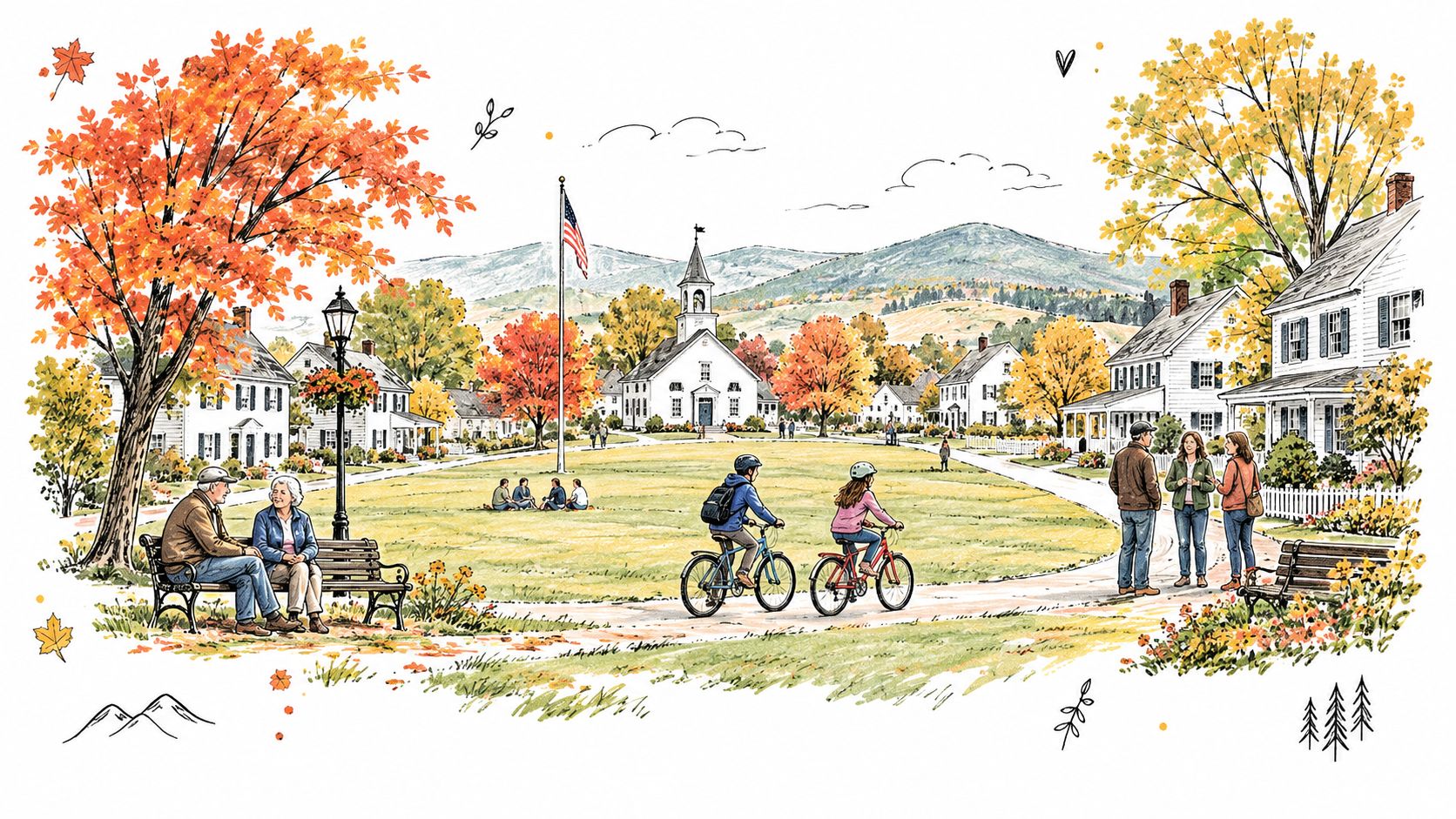A scenic illustration of a peaceful town green with families, cyclists, and autumn foliage in New England.