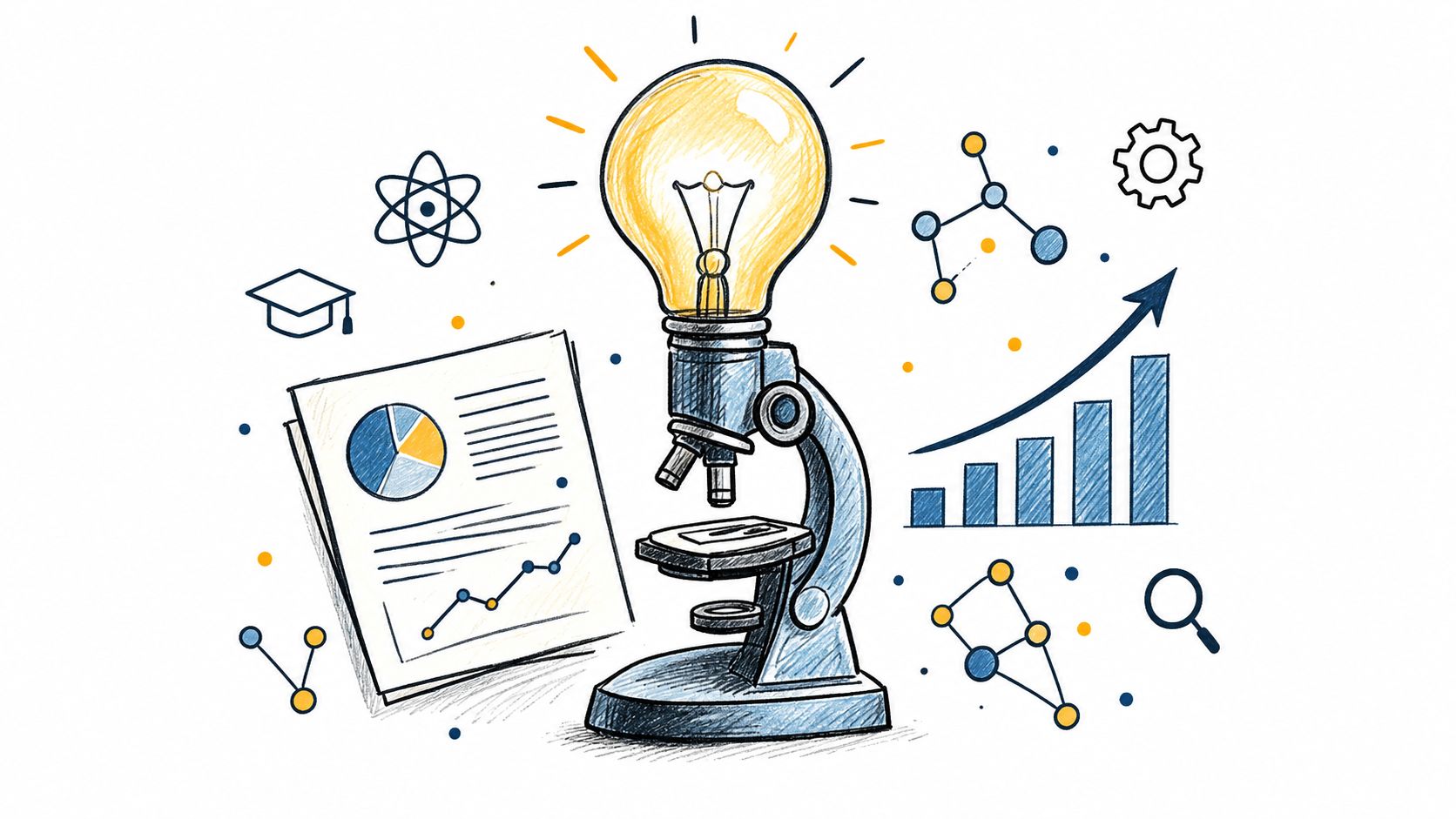 A hand-drawn illustration featuring a microscope with a glowing light bulb representing scientific research and innovation.