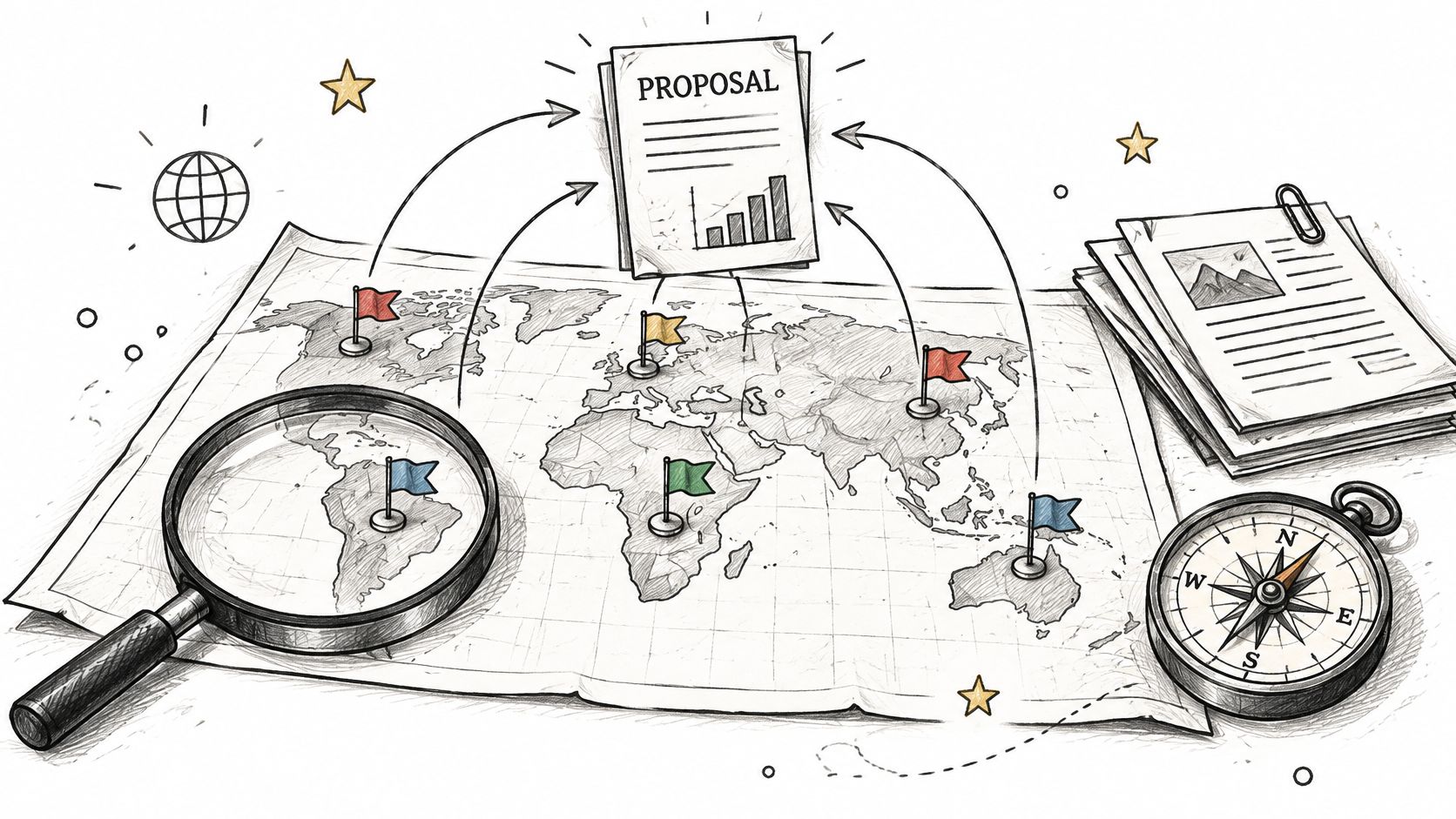 A hand-drawn illustration showing a world map with pins connected to a business proposal document.