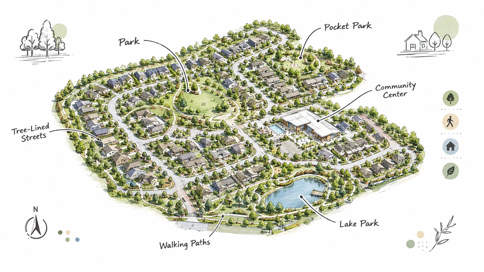 A detailed architectural site plan illustration of a residential community with parks, a lake, and homes.