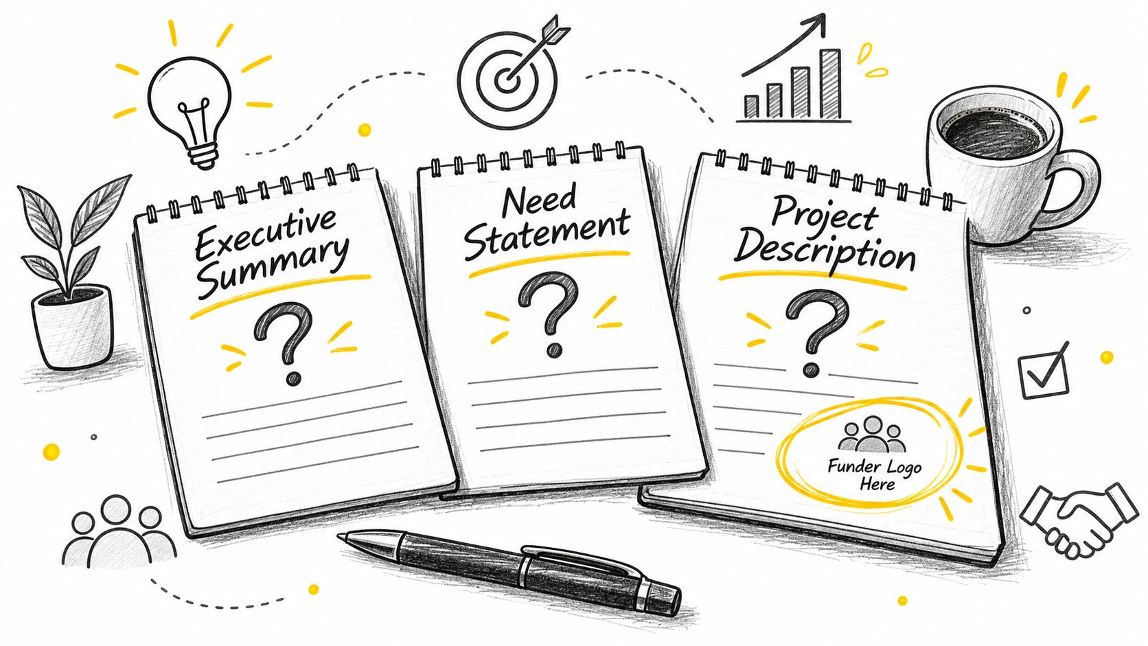 A hand-drawn illustration of three notebooks labeled Executive Summary, Need Statement, and Project Description for grant writing.