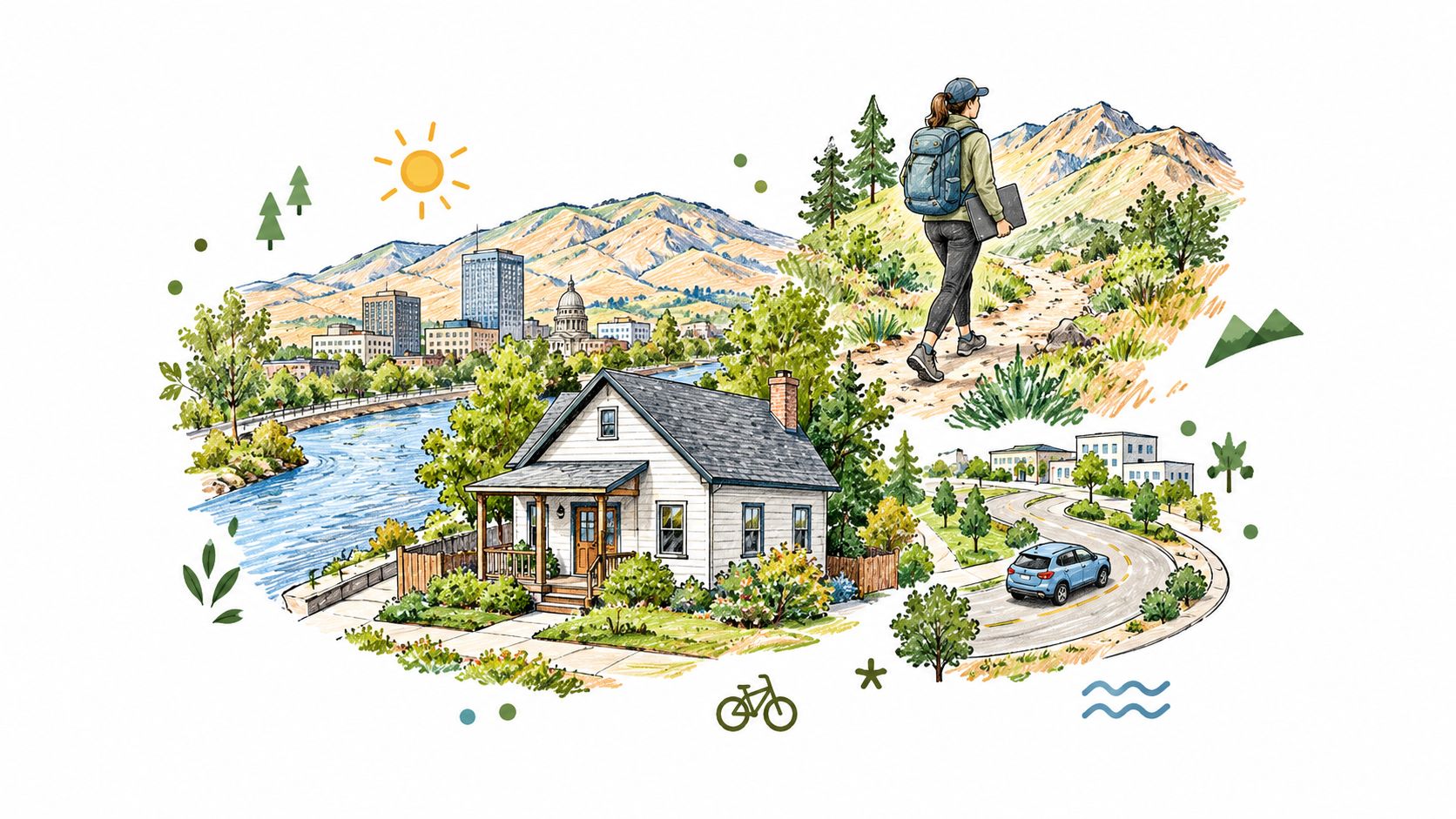 A scenic illustration showing a house, city skyline, mountains, and a hiker representing relocating in America.