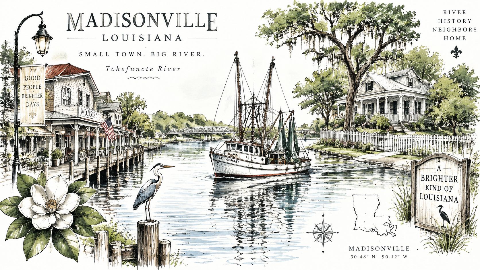 A scenic watercolor illustration depicting a shrimp boat on the Tchefuncte River in Madisonville, Louisiana.