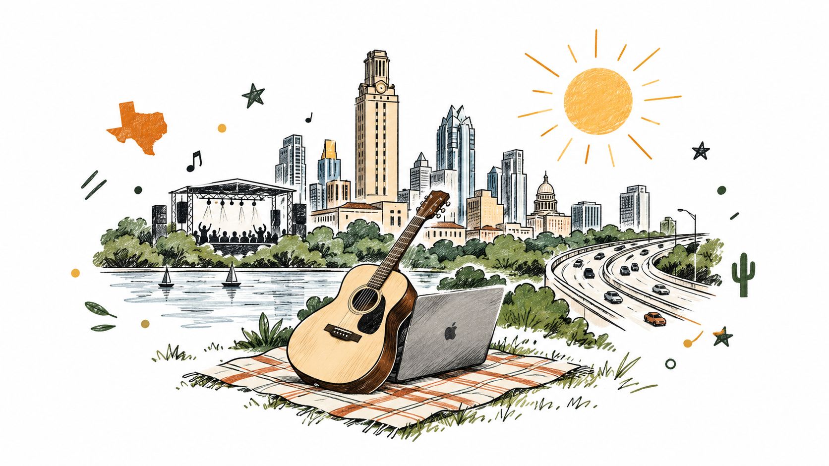 A hand-drawn illustration depicting a guitar and laptop on a picnic blanket with the Austin city skyline.