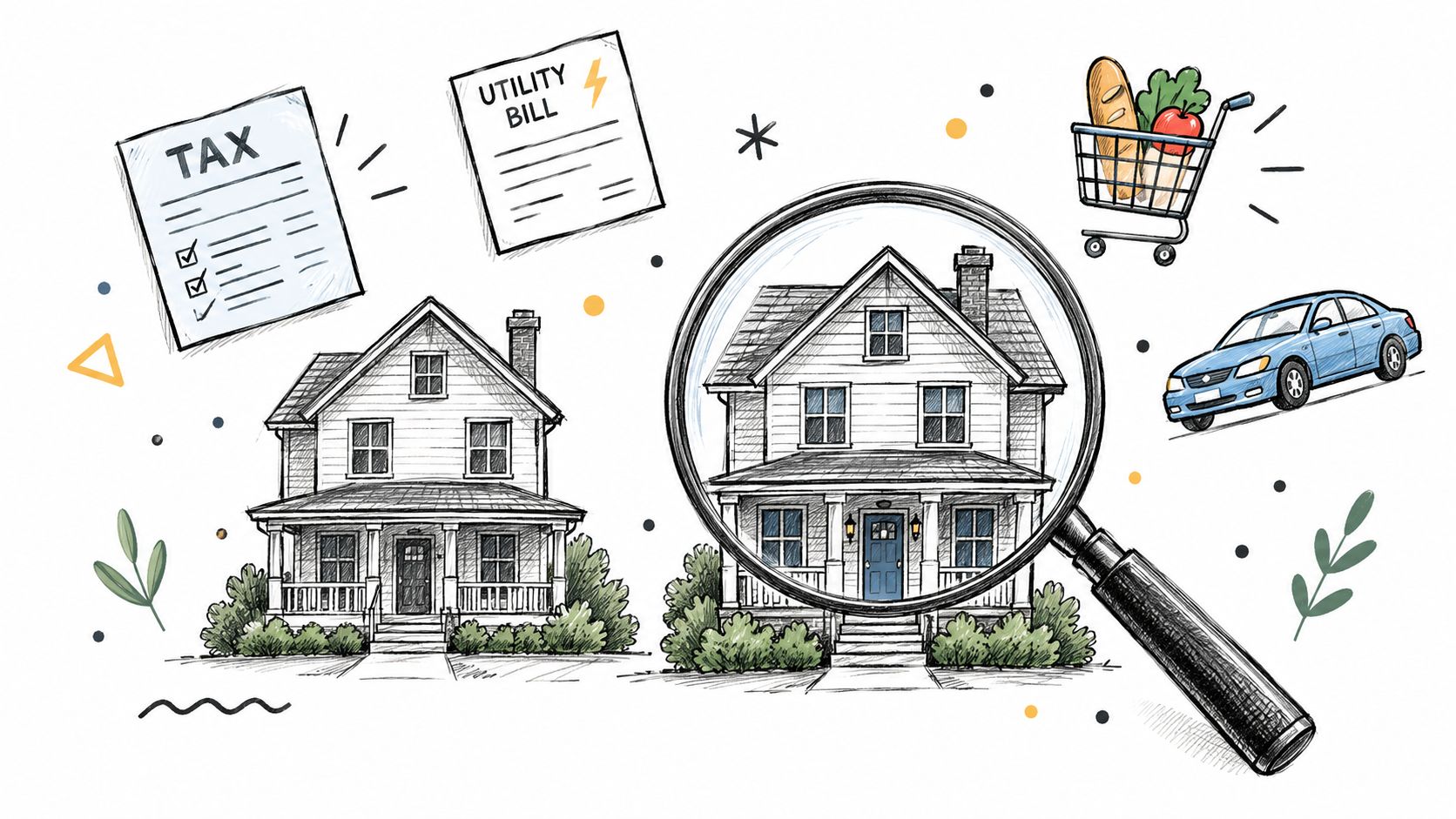 A hand-drawn illustration showing a house under a magnifying glass, surrounded by tax, utility, grocery, and car expenses.
