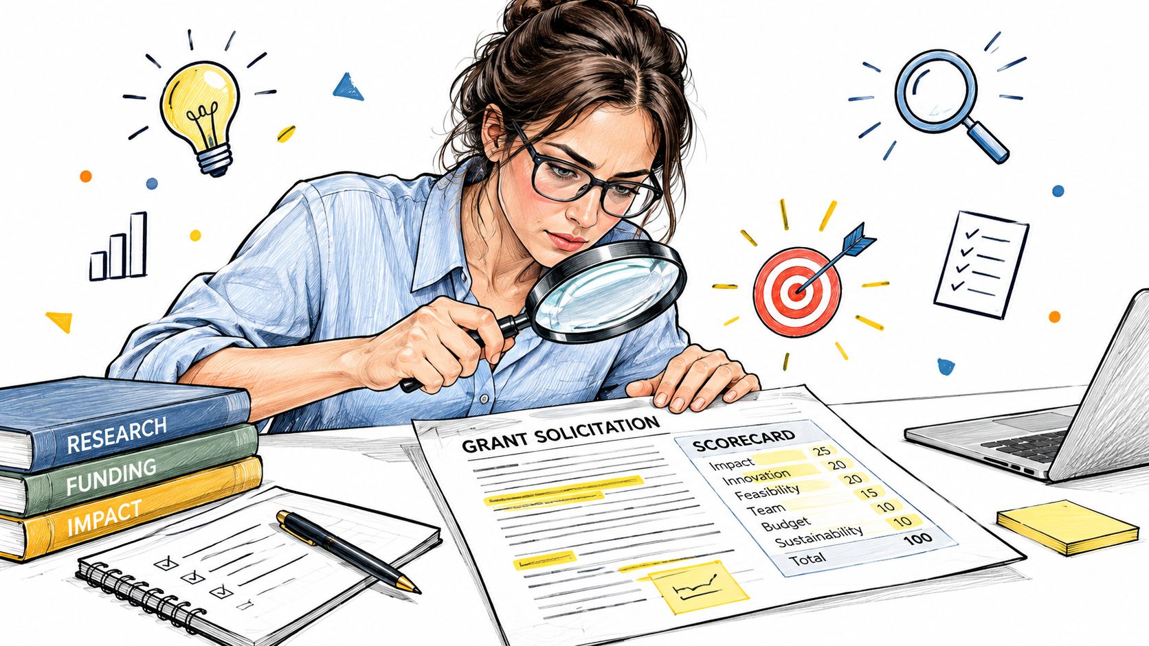 A woman reviewing a grant solicitation document with a magnifying glass at a desk with research books.