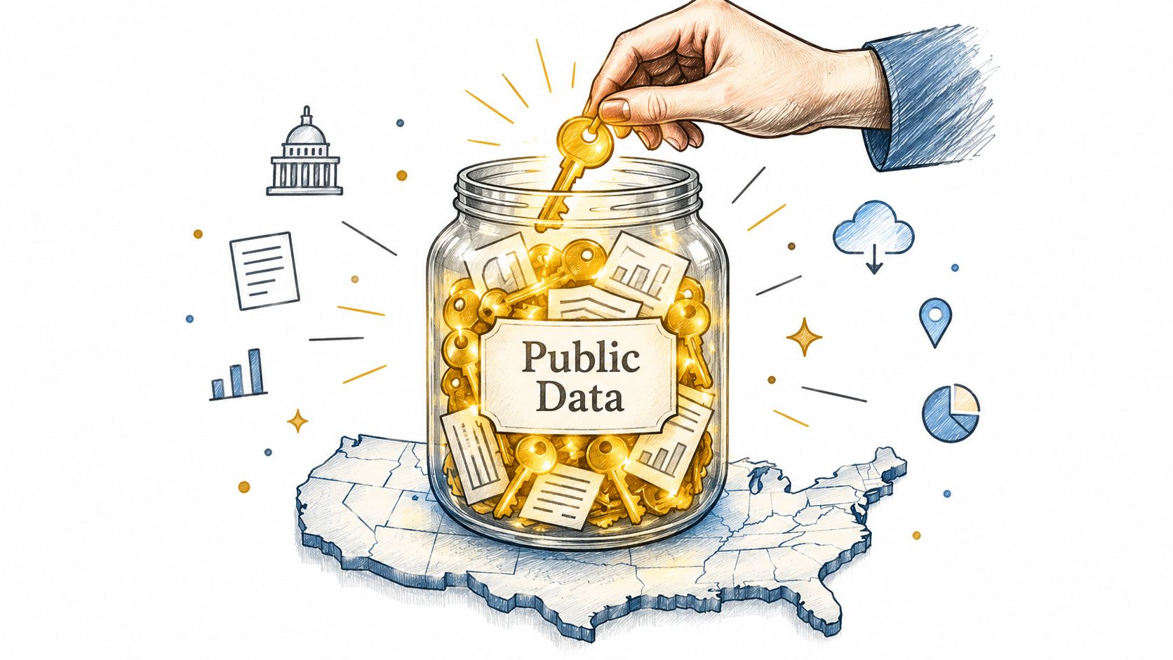 A hand placing a golden key into a jar filled with documents labeled Public Data on a map.