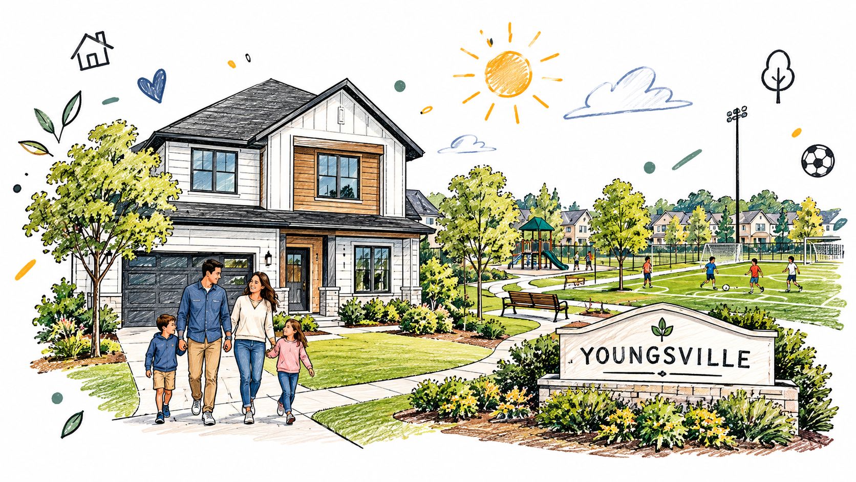 A family of four walks in front of a modern house in the residential community of Youngsville.