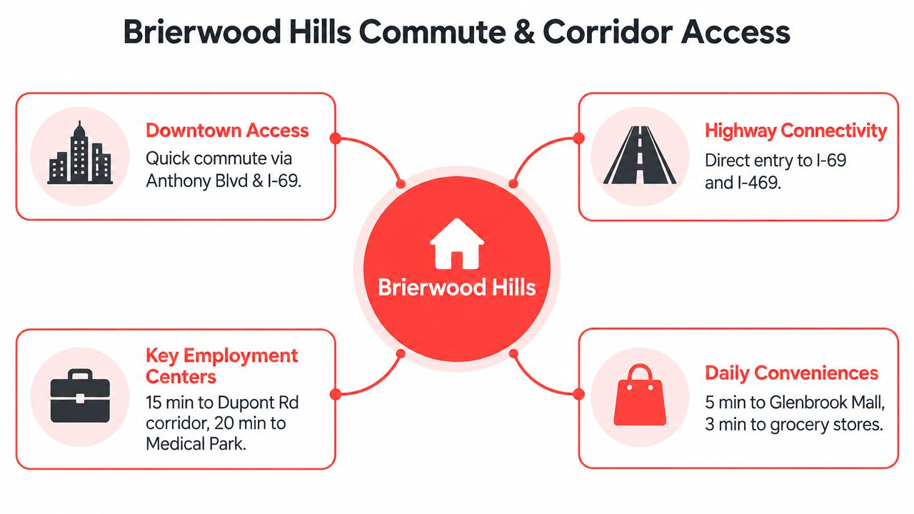 An infographic showing the commute and corridor access benefits for the Brierwood Hills residential community.