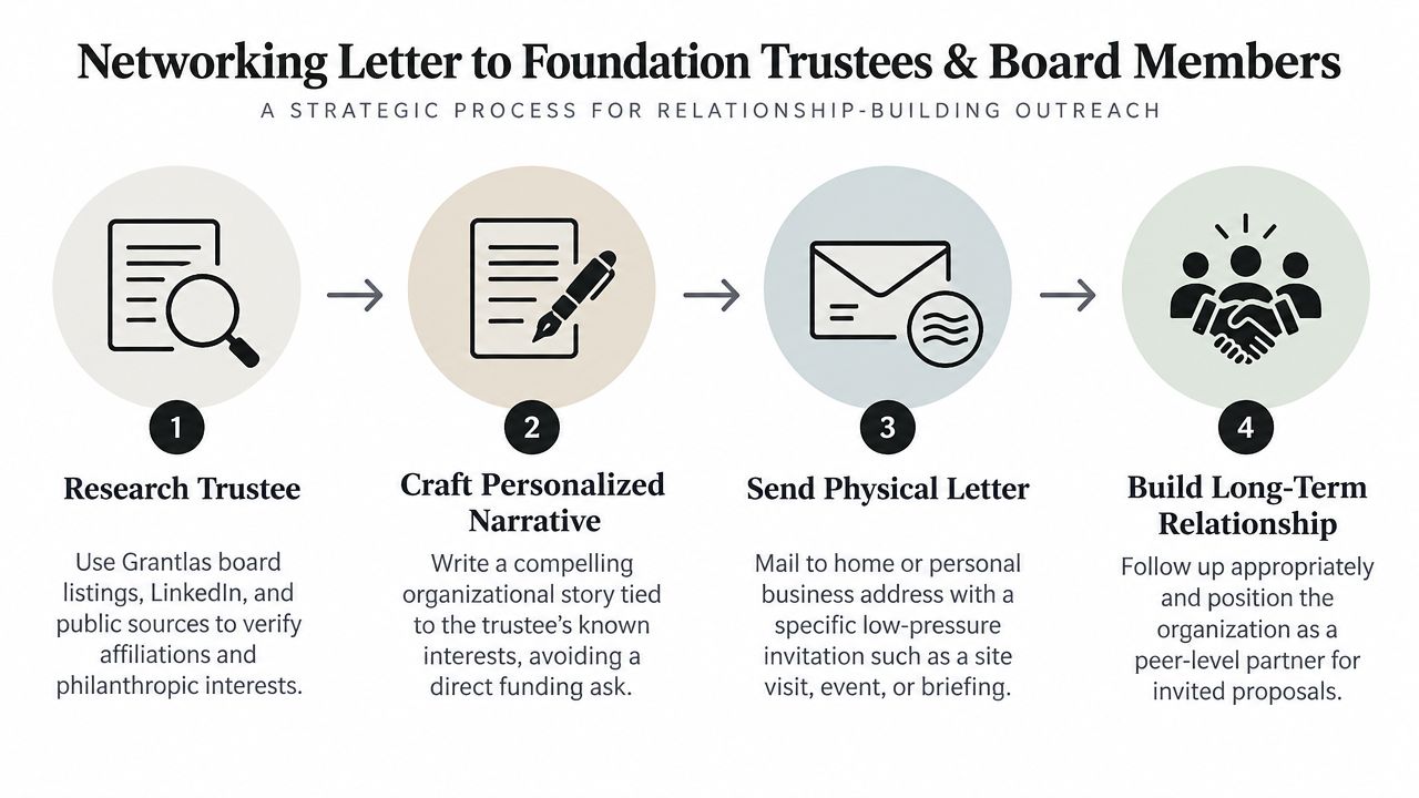 A four-step infographic illustrating a strategic process for networking with foundation trustees and board members.