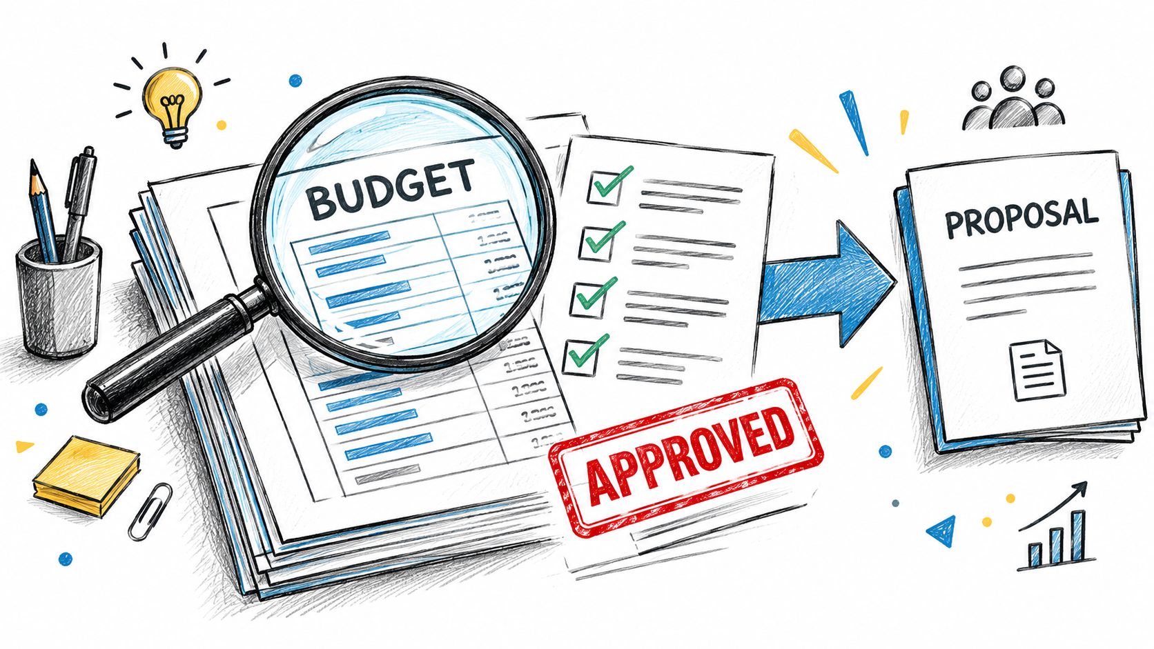 A magnifying glass focused on a budget document with approved stamp next to a proposal document.