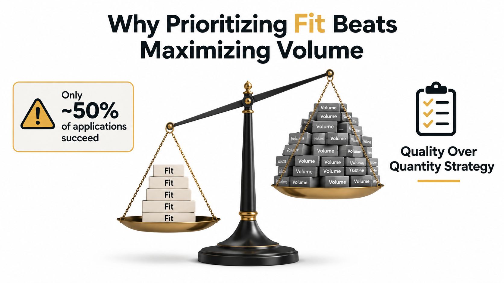 A conceptual scale illustration comparing the importance of prioritizing fit over maximizing volume in grant applications.