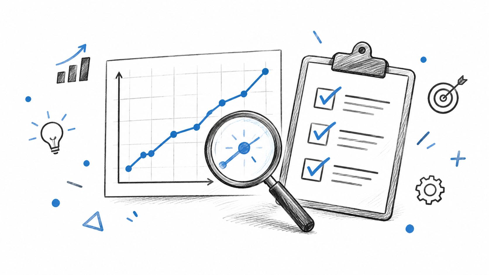 A hand-drawn illustration showing a line graph, a checklist on a clipboard, and a magnifying glass.