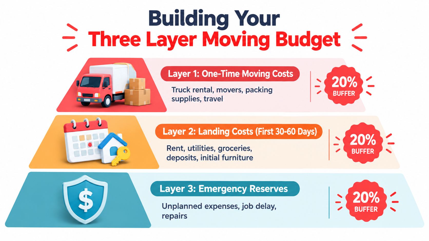 An infographic illustrating a three-layer moving budget strategy including one-time costs, landing costs, and emergency reserves.