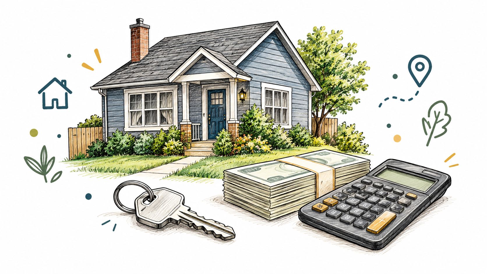 A house illustration with a stack of money, a calculator, and a key, symbolizing real estate investment.