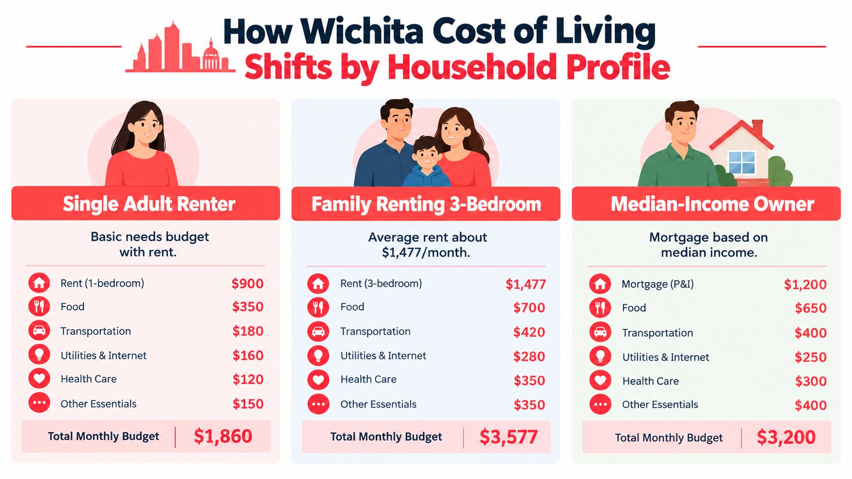 A comparison chart showing the monthly cost of living for a single renter, a family, and a homeowner in Wichita.