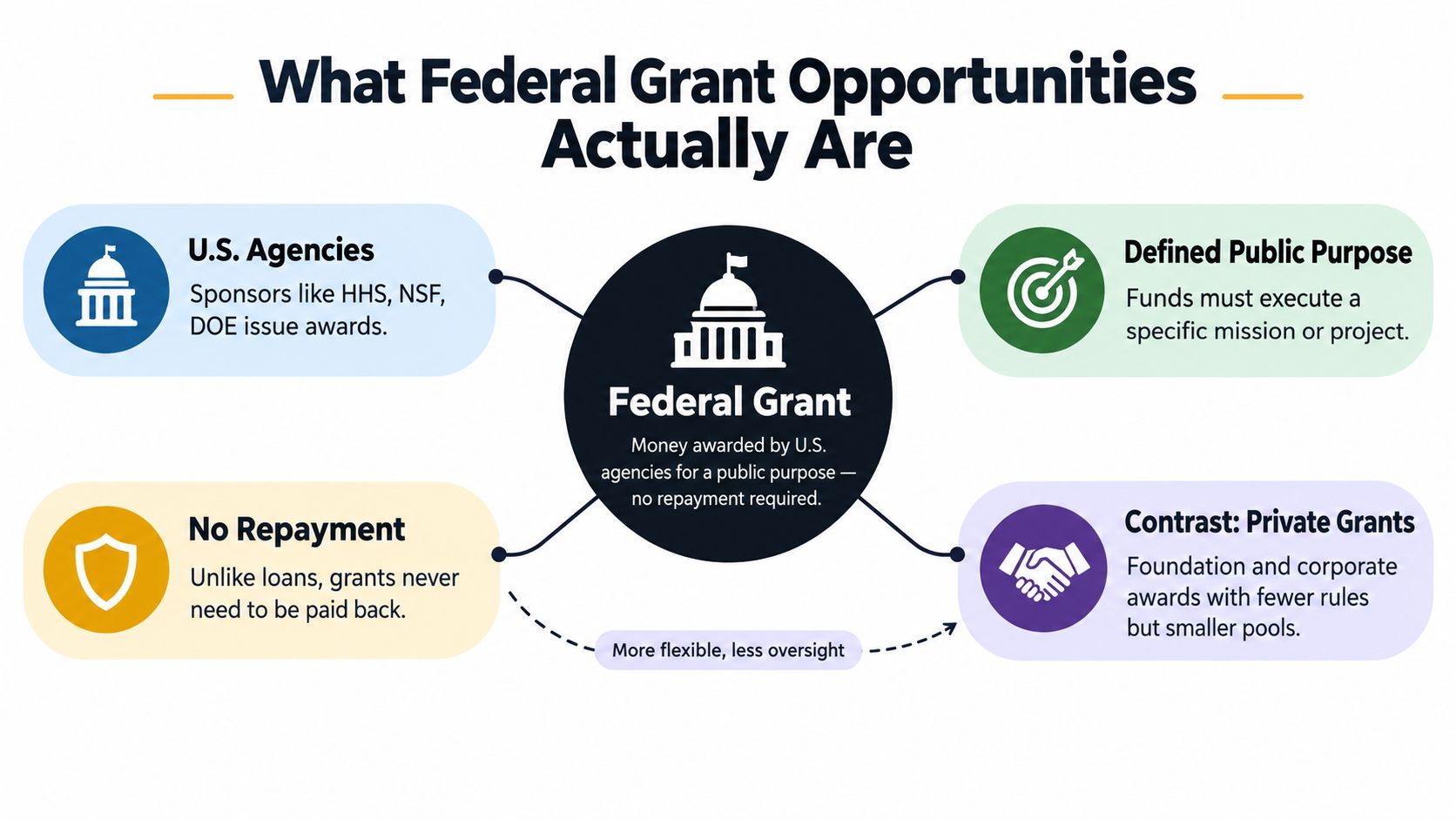 An infographic titled What Federal Grant Opportunities Actually Are, showing four key aspects of federal funding.