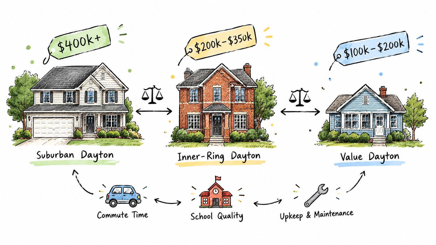 A diagram comparing house price ranges, commute time, school quality, and maintenance costs in Dayton neighborhoods.