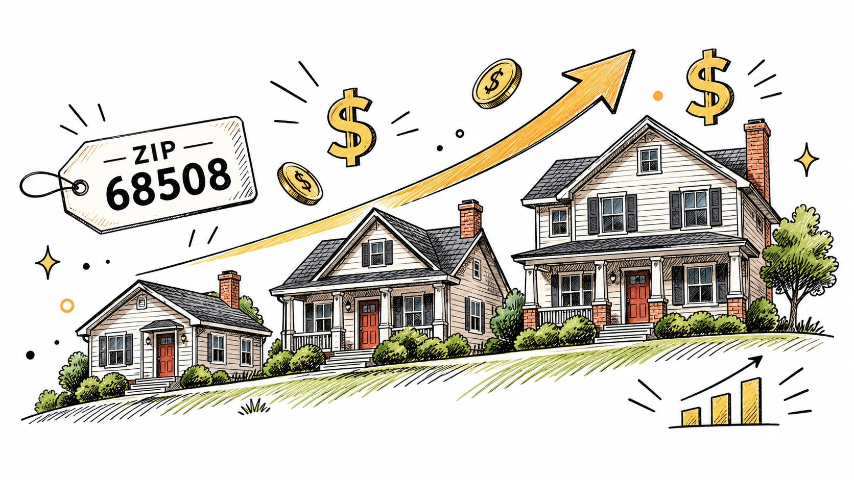 A hand-drawn illustration showing rising house values and symbols of wealth for the 68508 zip code area.