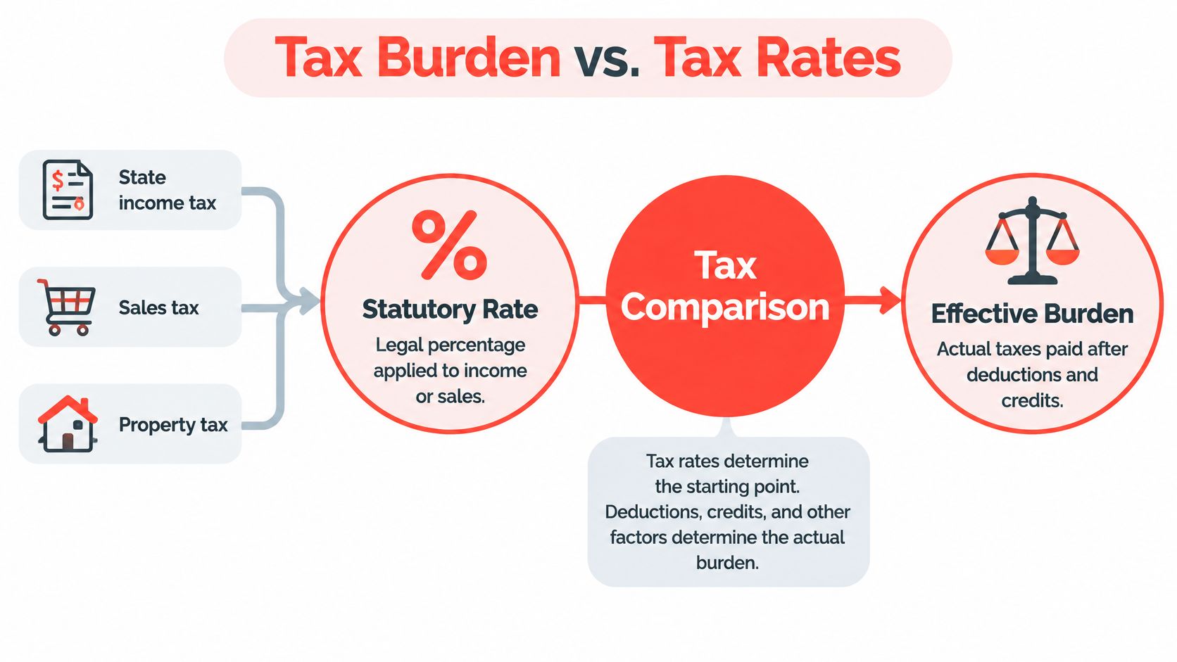 A diagram comparing statutory tax rates versus the actual effective tax burden after deductions and credits.