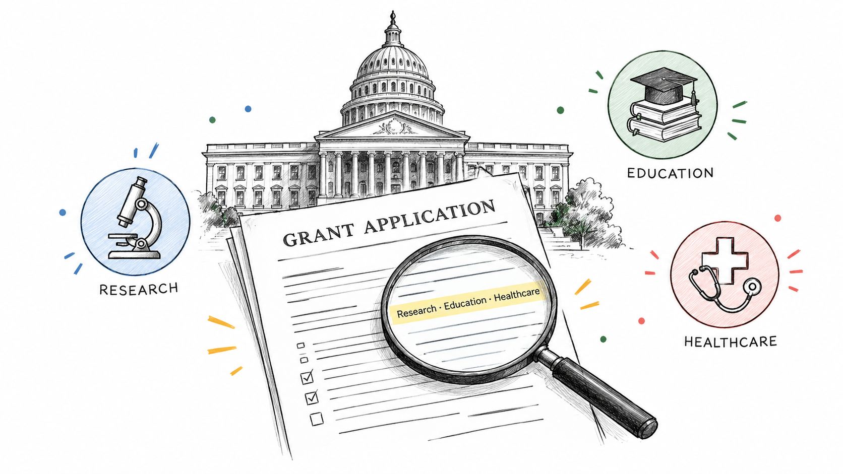 A grant application form being examined by a magnifying glass, surrounded by research, education, and healthcare icons.