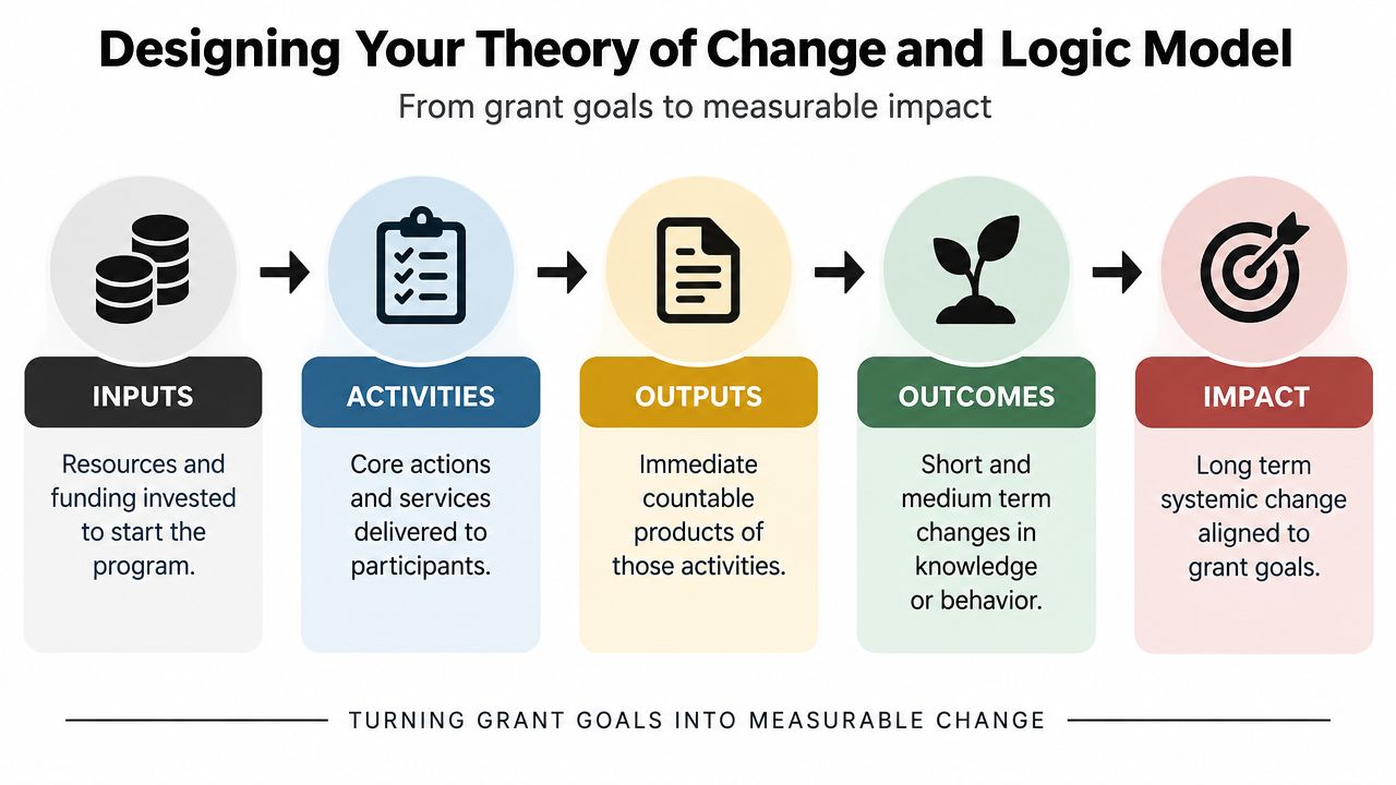 A diagram illustrating the Theory of Change and Logic Model from grant goals to measurable impact.