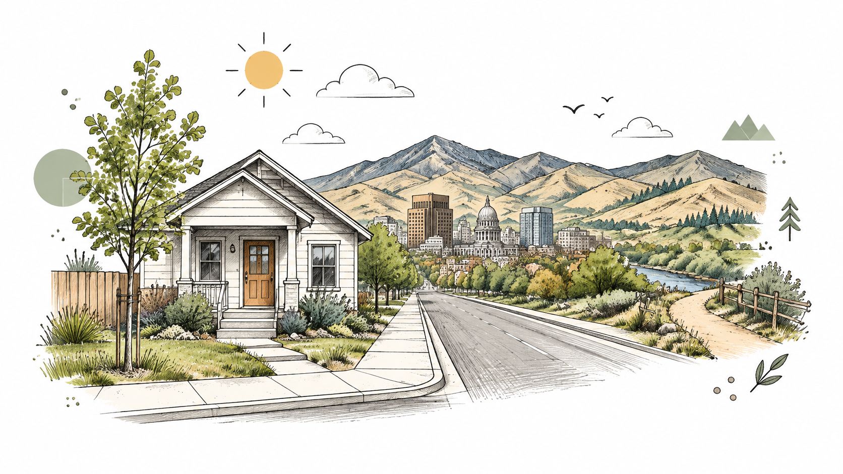 A scenic illustration of a suburban house near a city skyline set against a mountain backdrop.