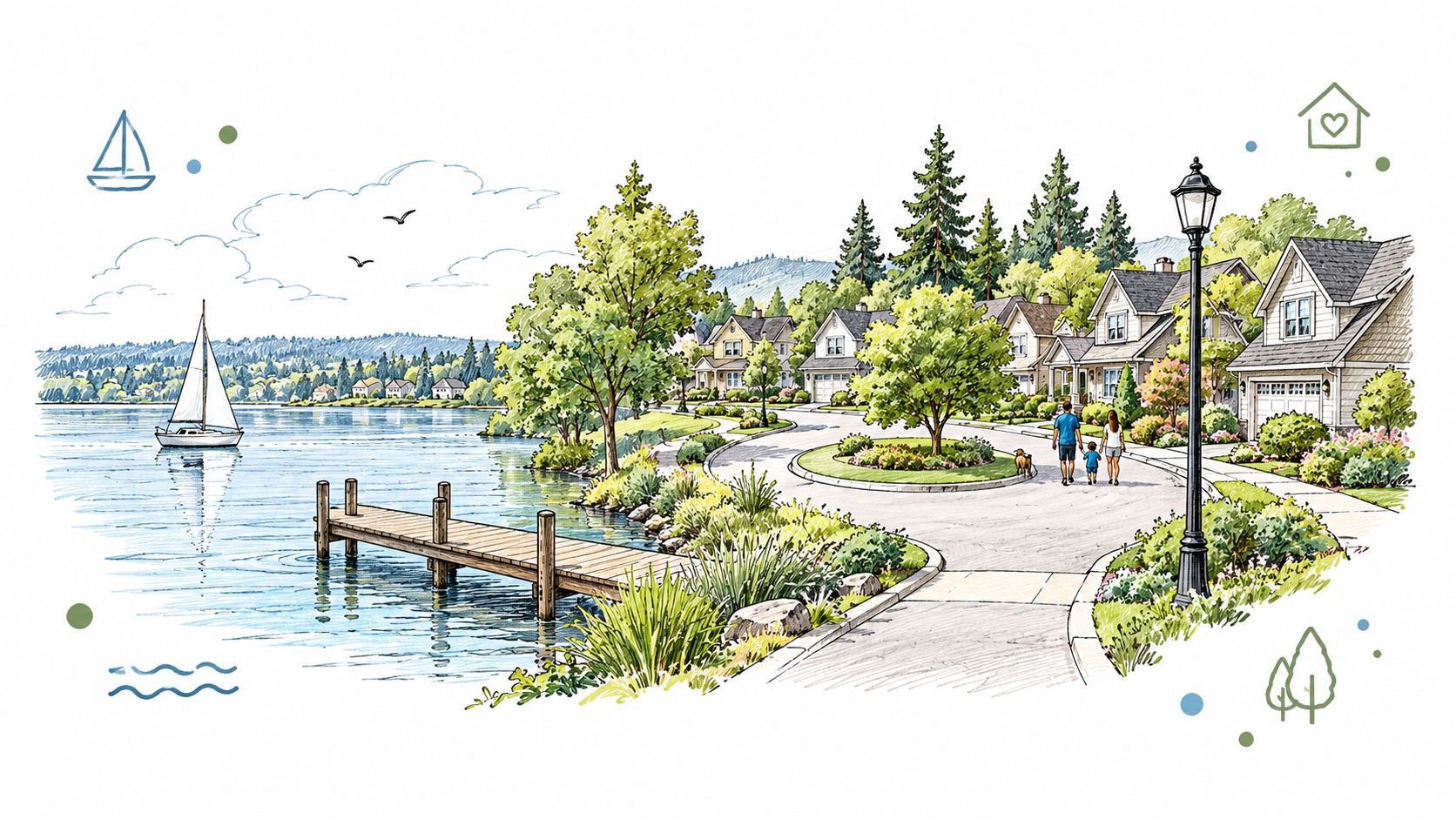 A scenic neighborhood street with a dock on a lake, houses, and a family walking together.