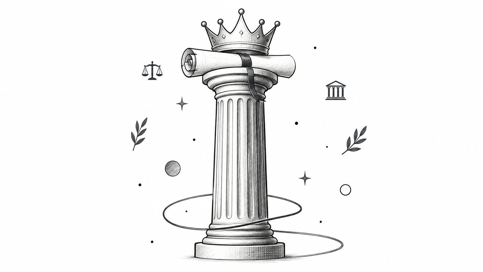 A pencil sketch of a classic column topped with a crown and a rolled diploma scroll.